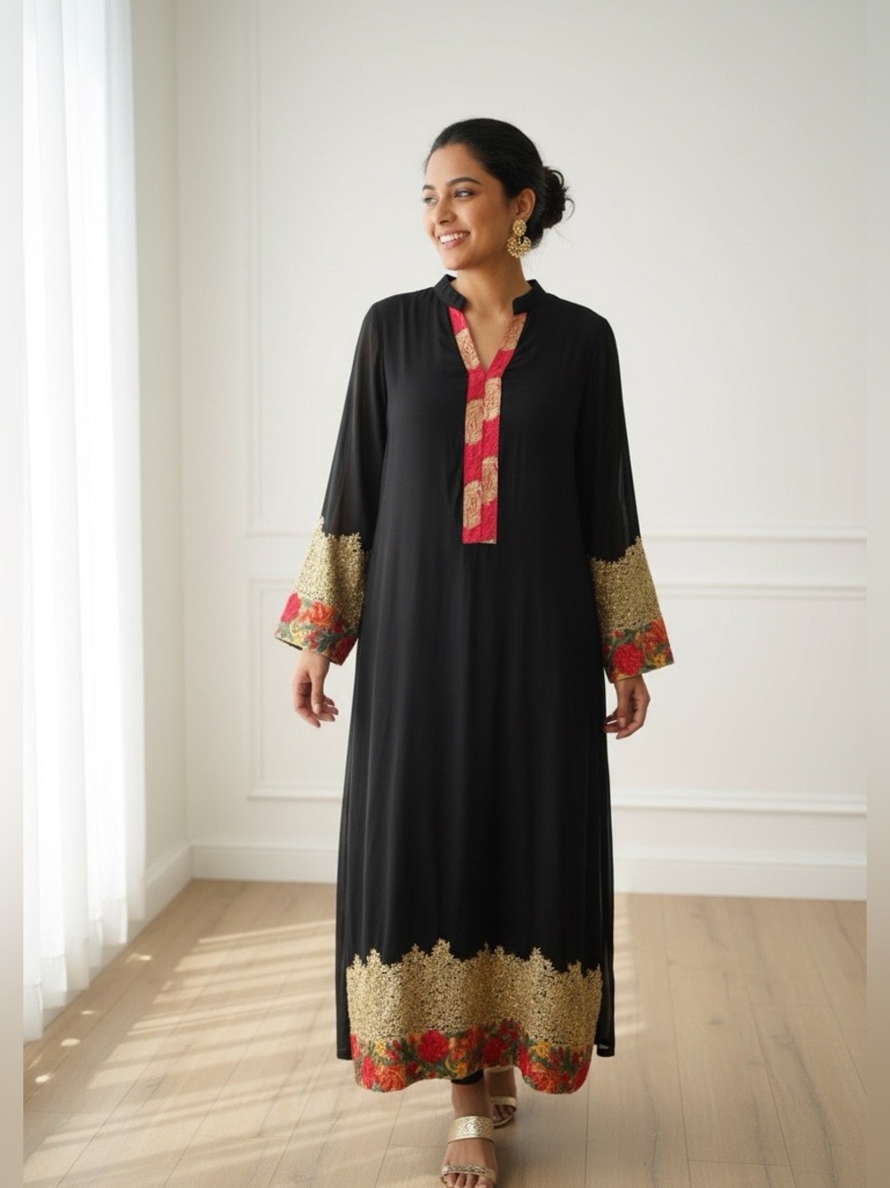 63C -Luxury  Maxi Dress Embroidery Golden Tread Pearls P2P -22” ;L -45” BOHO -